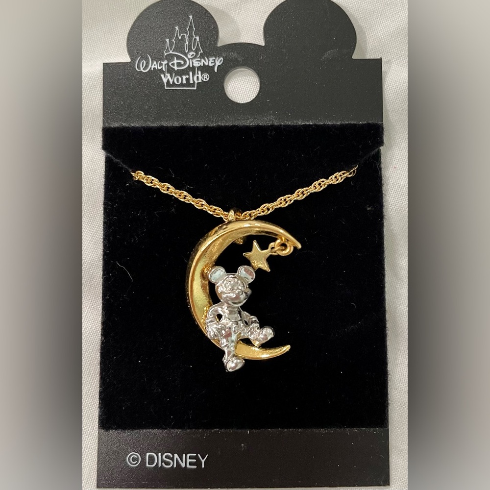 Vintage Walt Disney World Mickey Mouse Crescent Moon Star Charm  Necklace